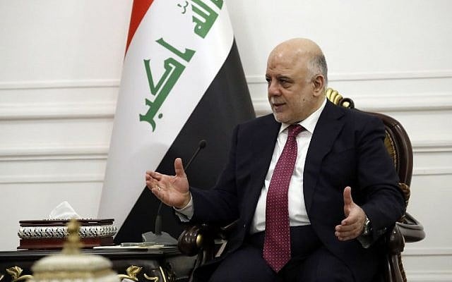 Iraq's Prime Minister Haider al-Abadi in Baghdad, Iraq, October 23, 2017. (AFP/Alex Brandon) Iraq's Prime Minister Haider al-Abadi in Baghdad, Iraq, October 23, 2017. (AFP/Alex Brandon)