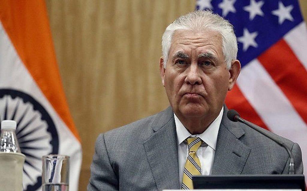 US Secretary of State Rex Tillerson listens to a question during a media availability with Indian Foreign Minister Sushma Swaraj after their meeting at the Indian Foreign Ministry in New Delhi on October 25, 2017.  (AFP PHOTO / POOL / Alex Brandon)