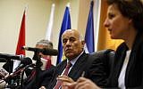 Chairman of the Palestinian football (soccer) association Jibril Rajoub speaks during a press conference in the West Bank city of Al-Ram on October 29, 2017. (Abbas Momani/AFP)