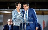 Cheryl Saban and Haim Saban attend the Academy Museum of Motion Pictures press briefing and site tour at Academy Museum of Motion Pictures on September 27, 2017 in Los Angeles, California.  (Matt Winkelmeyer/Getty Images/AFP)