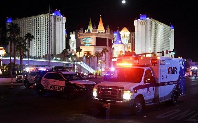 An ambulance leaves the intersection of Las Vegas Boulevard and Tropicana Avenue after a mass shooting at a country music festival nearby on October 2, 2017, in Las Vegas, Nevada. (Ethan Miller/Getty Images/AFP) An ambulance leaves the intersection of Las Vegas Boulevard and Tropicana Avenue after a mass shooting at a country music festival nearby on October 2, 2017, in Las Vegas, Nevada. (Ethan Miller/Getty Images/AFP)