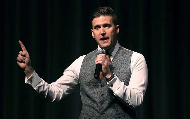 White nationalist Richard Spencer speaks at the Curtis M. Phillips Center for the Performing Arts on October 19, 2017, in Gainesville, Florida. (Joe Raedle/Getty Images/AFP) White nationalist Richard Spencer speaks at the Curtis M. Phillips Center for the Performing Arts on October 19, 2017, in Gainesville, Florida. (Joe Raedle/Getty Images/AFP)