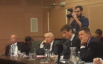 German Ambassador to Israel Clemens von Goetze (L), Austrian Ambassador to Israel Martin Weiss (2L), and Deputy UK Ambassador to Israel Tony Kay (R) attend a Knesset hearing on October 30, 2017 (Times of Israel)