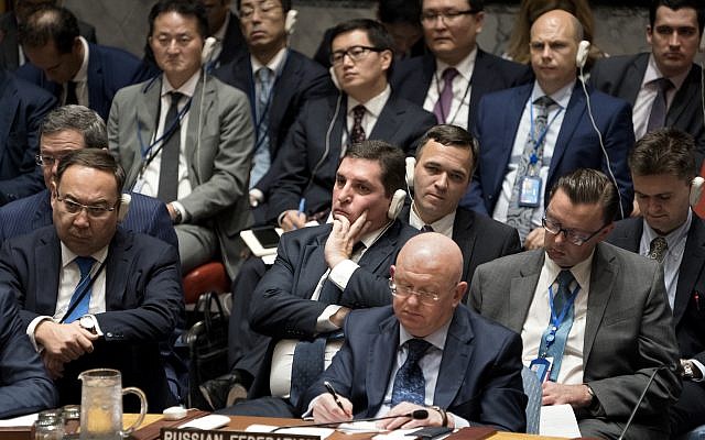 Russian Ambassador to the United Nations Vassily Nebenzia, center, listens during a Security Council meeting on non-proliferation of weapons of mass destruction during the UN General Assembly, September 21, 2017, at UN headquarters. (AP/Craig Ruttle) Russian Ambassador to the United Nations Vassily Nebenzia, center, listens during a Security Council meeting on non-proliferation of weapons of mass destruction during the UN General Assembly, September 21, 2017, at UN headquarters. (AP/Craig Ruttle)