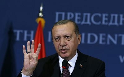 Turkey's President Recep Tayyip Erdogan speaks to the media  in Belgrade, Serbia,  October 10, 2017. Erdogan is on a two-day official visit to Serbia. (AP Photo/Darko Vojinovic)