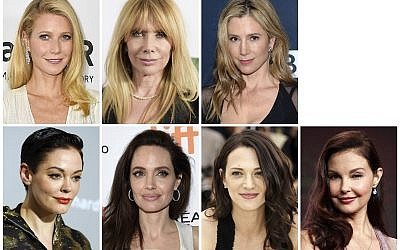 This combination photo shows actresses, top row from left, Gwyneth Paltrow, Rosanna Arquette, Mira Sorvino and bottom row from left, Rose McGowan, Angelina Jolie Pitt, Asia Argento and Ashley Judd, who are among the many women who have spoken out against Harvey Weinstein in on-the-record reports that detailed claims of sexual abuse. (AP Photo/File)