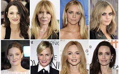 This combination photo shows some of the actresses listed in alphabetical order, top row from left,  Asia Argento, Rosanna Arquette, Jessica Barth, Cara Delevingne, Romola Garai, Judith Godreche, Heather Graham, Angelina Jolie who have made allegations against producer Harvey Weinstein. (AP Photo/File)