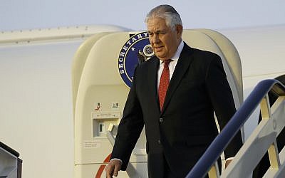 US Secretary of State Rex Tillerson steps off his plane as he arrives at King Salman Air Base, October 21, 2017, in Riyadh, Saudi Arabia. (AP Photo/Alex Brandon, Pool)
