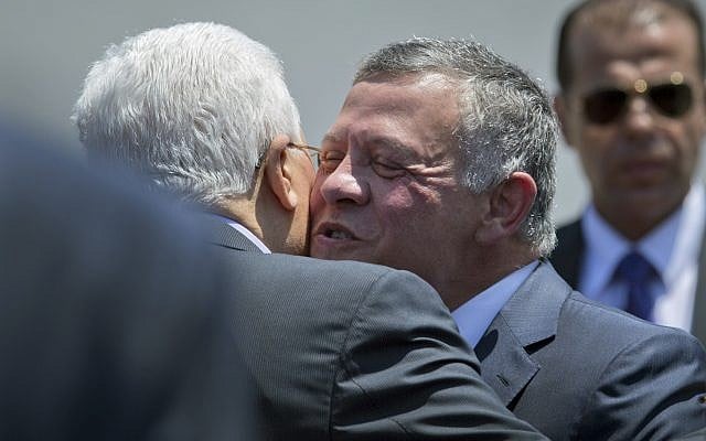 Palestinian President Mahmoud Abbas, left receives Jordan's King Abdullah II at his headquarters, in the West Bank city of Ramallah, on August 7, 2017. (AP Photo/ Nasser Nasser) Palestinian President Mahmoud Abbas, left receives Jordan's King Abdullah II at his headquarters, in the West Bank city of Ramallah, on August 7, 2017. (AP Photo/ Nasser Nasser)
