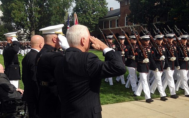 Vice President Mike Pence salutes during a ceremony honoring 241 U.S Service members killed 34 years ago in the 1983 bombing of the Marine Barracks in Beirut, Lebanon, October. 23, 2017 at the Marine Barracks in Washington. (AP/Ken Thomas) Vice President Mike Pence salutes during a ceremony honoring 241 U.S Service members killed 34 years ago in the 1983 bombing of the Marine Barracks in Beirut, Lebanon, October. 23, 2017 at the Marine Barracks in Washington. (AP/Ken Thomas)