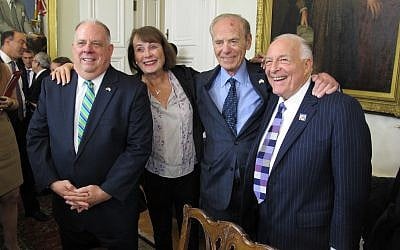 Maryland Gov. Larry Hogan, left, poses with Goody Finkelstein, former Del. Richard Rynd and lobbyist Bruce Bereano after a news conference on Monday, Oct. 23, 2017, in Annapolis, Maryland. (AP Photo/Brian Witte)