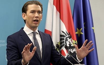 Foreign Minister Sebastian Kurz and during a news conference in Vienna, Austria, the leader of the Austrian Peoples Party, OEVP, October 24, 2017. (AP Photo/Ronald Zak)