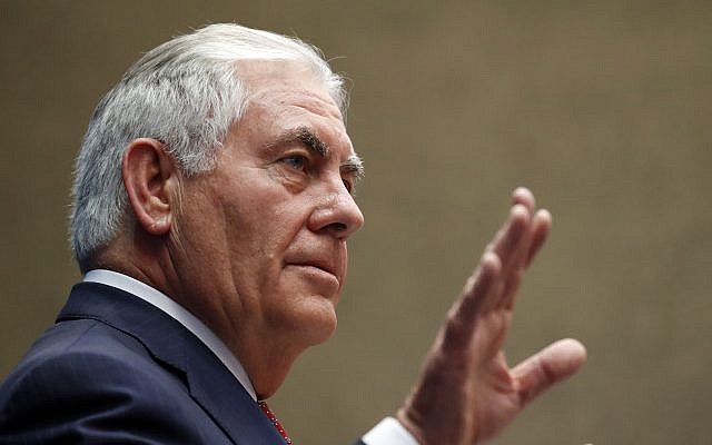 US Secretary of State Rex Tillerson speaks to staff members at the US Mission to the UN, in Geneva, Switzerland, October 26, 2017. (AP/Alex Brandon, Pool) US Secretary of State Rex Tillerson speaks to staff members at the US Mission to the UN, in Geneva, Switzerland, October 26, 2017. (AP/Alex Brandon, Pool)