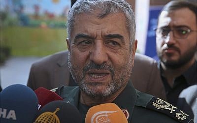 The head of Iran's paramilitary Revolutionary Guard General Mohammad Ali Jafari speaks to journalists after his speech at a conference called "A World Without Terror," in Tehran, Iran, October 31, 2017. (AP Photo/Vahid Salemi)