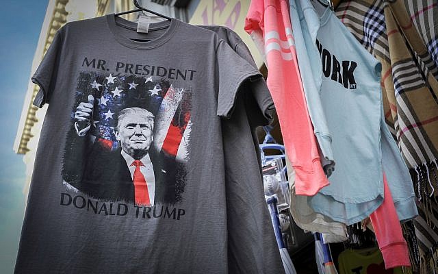 A T-shirt depicting US president Donald Trump for sale in NYC. December 23, 2016. (Serge Attal/FLASH90) A T-shirt depicting US president Donald Trump for sale in NYC. December 23, 2016. (Serge Attal/FLASH90)