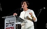 Zehava Galon leader of Meretz Party speaks to thousands of left wing activists during a rally in Rabin Square, Tel-Aviv on May 27, 2017. (Gili Yaari/Flash90)