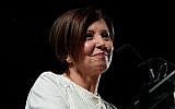 Meretz party leader MK Zehava Galon speaks to thousands of left-wing activists during a rally in Rabin Square, Tel Aviv, May 27, 2017. (Gili Yaari/Flash90)