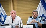 Likud MK David Amsalem, chairman of the Interior Affairs Committee, left, and Police Commissioner Roni Alsheich, are seen during a committee meeting at the Knesset, July 11, 2017. (Yonatan Sindel/Flash90)