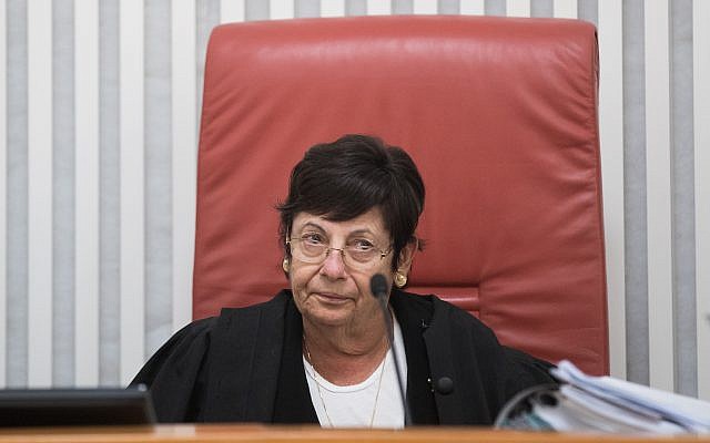 Then-Supreme Court Chief Justice Miriam Naor at the Supreme Court in Jerusalem, August 31, 2017. (Yonatan Sindel/Flash90) Then-Supreme Court Chief Justice Miriam Naor at the Supreme Court in Jerusalem, August 31, 2017. (Yonatan Sindel/Flash90)
