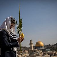 Illustrative: A Jewish worshiper holds the four plant species as he attends the annual priestly blessing during the Sukkot holiday at the Western Wall in the Old City of Jerusalem on October 8, 2017. (Yonatan Sindel/Flash90) Illustrative: A Jewish worshiper holds the four plant species as he attends the annual priestly blessing during the Sukkot holiday at the Western Wall in the Old City of Jerusalem on October 8, 2017. (Yonatan Sindel/Flash90)