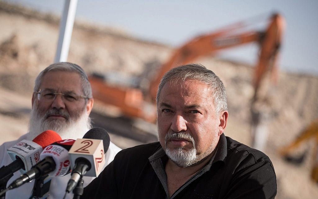 Defense Minister Avigdor Liberman visits the construction site of the new West Bank settlement of Amichai on October 18, 2017. (Hadas Parush/Flash90) Defense Minister Avigdor Liberman visits the construction site of the new West Bank settlement of Amichai on October 18, 2017. (Hadas Parush/Flash90)