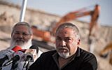 Defense Minister Avigdor Liberman visits the construction site of the new West Bank settlement of Amichai on October 18, 2017. (Hadas Parush/Flash90)