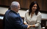 Sport and Culture Minister Miri Regev, right, with Prime Minister Benjamin Netanyahu during the special plenary session opening the winter session of the Knesset, in Jerusalem, October 23, 2017. (Hadas Parush/Flash90)