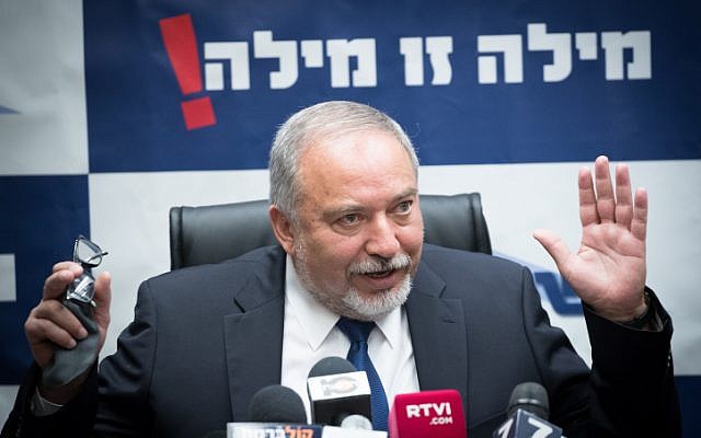 Defense Minister Avigdor Liberman leads the Yisrael Beytenu party faction meeting at the Knesset on October 30, 2017. (Yonatan Sindel/Flash90) Defense Minister Avigdor Liberman leads the Yisrael Beytenu party faction meeting at the Knesset on October 30, 2017. (Yonatan Sindel/Flash90)