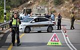 Security forces are seen near the West Bank settlement of Halamish, where IDF soldiers shot dead a Palestinian driver who they said accelerated towards them, on October 31, 2017. (Flash90)