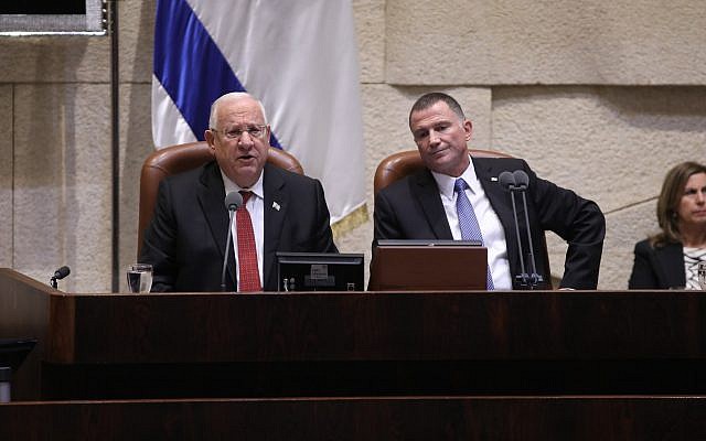 President Reuven Rivlin addresses the Knesset, next to its speaker Yuli Edelstein, during the opening of the parliament's winter session on October 23, 2017. (Knesset) President Reuven Rivlin addresses the Knesset, next to its speaker Yuli Edelstein, during the opening of the parliament's winter session on October 23, 2017. (Knesset)