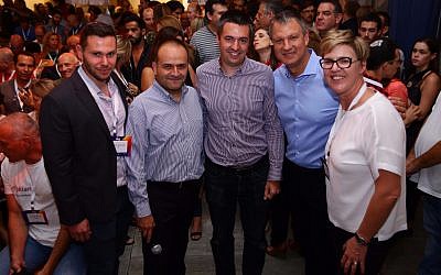 Yonatan Machado, of JVP Labs (left), Yoav Tzruya, head of JVP Labs, Paul Wilkinson, head of Technology Research at Tesco Labs, Erel Margalit, founder and chairman JVP, Fiona Darmon, Partner and COO, JVP, at the launch of JVP Play, Oct. 17, 2017 (Courtesy)