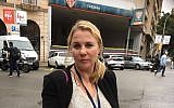 Zionist Union MK Ksenia Svetlova standing in front of a polling station in Barcelona, October 1, 2017. (Courtesy of Svetlova)