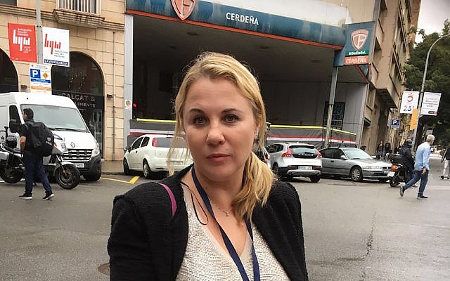 Zionist Union MK Ksenia Svetlova standing in front of a polling station in Barcelona, October 1, 2017. (Courtesy of Svetlova) Zionist Union MK Ksenia Svetlova standing in front of a polling station in Barcelona, October 1, 2017. (Courtesy of Svetlova)