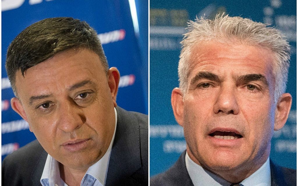 Labor leader Avi Gabbay, left, attending a news conference in Tel Aviv, July 11, 2017; Yair Lapid attending a conference in Herzliya, June 22, 2017. (Miriam Alster/Flash90; Jack Guez/AFP/Getty Images via JTA)