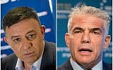 Labor leader Avi Gabbay, left, attending a news conference in Tel Aviv, July 11, 2017; Yair Lapid attending a conference in Herzliya, June 22, 2017. (Miriam Alster/Flash90; Jack Guez/AFP/Getty Images via JTA)