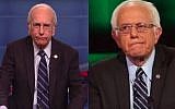Larry David played democratic candidate Bernie Sanders in a Saturday Night Live skit of the first 2016 Democratic Presidential Debate, October 17, 2015 (Screenshot from YouTube)