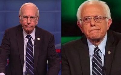 Larry David played democratic candidate Bernie Sanders in a Saturday Night Live skit of the first 2016 Democratic Presidential Debate, October 17, 2015 (Screenshot from YouTube) Larry David played democratic candidate Bernie Sanders in a Saturday Night Live skit of the first 2016 Democratic Presidential Debate, October 17, 2015 (Screenshot from YouTube)