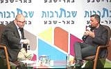 Labor chairman Avi Gabbay (right) is interviewed at a cultural event in Beersheba on October 14, 2017. (Screen capture/YouTube)