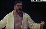 Israeli judoka Peter Paltchik celebrates after winning a bronze medal at the Abu Dhabi Grand Slam judo tournament in Abu Dhabi, United Arab Emirates, on October 28, 2017. (Screen capture: YouTube)