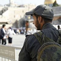 Police on duty at the Western Wall in the Old City of Jerusalem on October 8, 2017. (Israel Police) Police on duty at the Western Wall in the Old City of Jerusalem on October 8, 2017. (Israel Police)