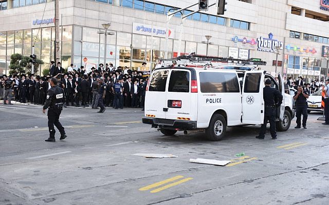 Ultra-Orthodox protesters demonstrate in Bnei Brak against the draft of members of their community to the IDF on October 17, 2017. (Police Spokesperson) Ultra-Orthodox protesters demonstrate in Bnei Brak against the draft of members of their community to the IDF on October 17, 2017. (Police Spokesperson)