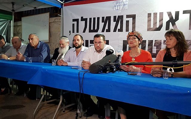 Members of the Jewish Home party sit at a protest tent with Samaria Regional Council chairman Yossi Dagan (3rd from R) outside the Prime Minister's Residence in Jerusalem on October 25, 2017. (Courtesy: Samaria Regional Council) Members of the Jewish Home party sit at a protest tent with Samaria Regional Council chairman Yossi Dagan (3rd from R) outside the Prime Minister's Residence in Jerusalem on October 25, 2017. (Courtesy: Samaria Regional Council)