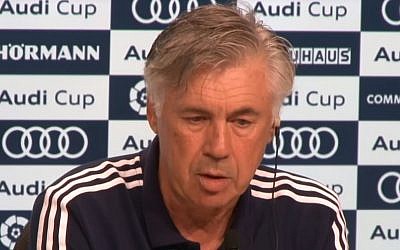 Former Bayern Munich coach Carlos Ancelotti at a press conference, August 2017. (YouTube screenshot)