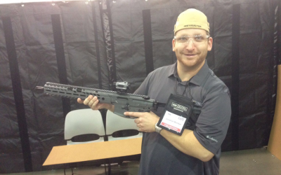 Jonathan Burstyn, a Jewish gun instructor, at an NRA convention, August 2017. (Courtesy of Burstyn via JTA)