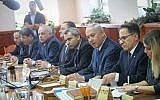 Prime Minister Benjamin Netanyahu (third from right) presides over the weekly cabinet meeting  at the PM's office in Jerusalem, October 15, 2017. (Alex Kolomoisky/POOL)