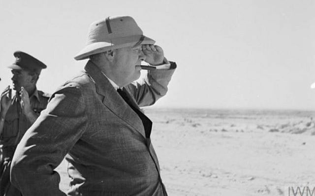 Illustrative: Then-British Home Secretary Winston Churchill on a visit to the British Mandate of Palestine in March 1921, nearly three decades before it became the Jewish state. (Churchill Museum)