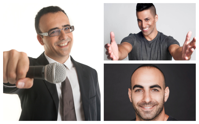 Clockwise, from left: Israeli comedians Yossi Tarablus, Shachar Hasson, and Yohai Sponder. (Courtesy)