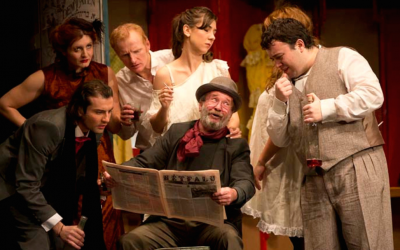Nicolae Botezatu (seated), with the cast of Romania's Jewish State Theater, October 2017. (Courtesy of Jewish State Theater/via JTA)