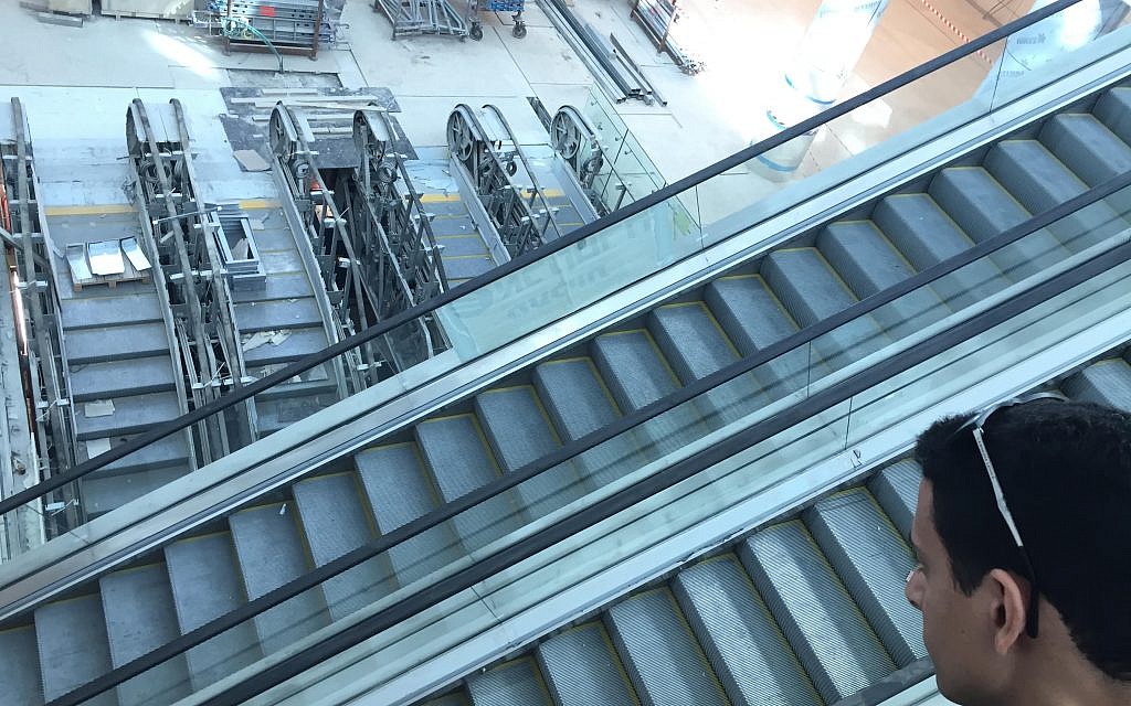 Cascades of escalators inside Yitzhak Navon Railway Station, Jerusalem, October 27, 2017 (ToI staff)