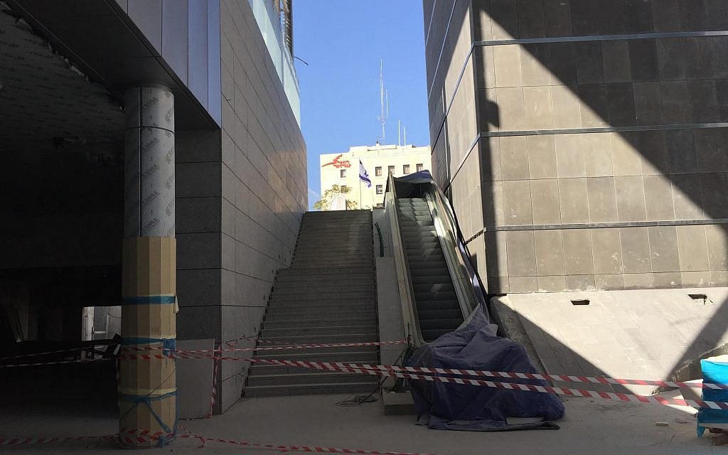 Stairs from street level to the open-sky entrance area outside Yitzhak Navon Railway Station, Jerusalem, October 27, 2017 (ToI staff)